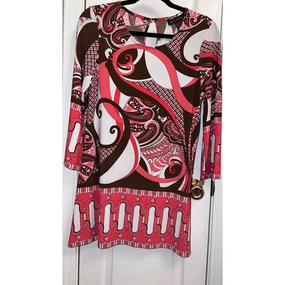 INC International Concepts Pink Brown Paisley Print Tunic Mini Dress Lg #retro - Picture 1 of 3